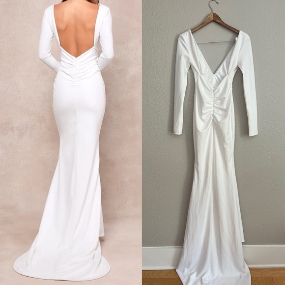 Lulu's White V-Neck Long Sleeve Wedding Dress - Picture 2 of 8